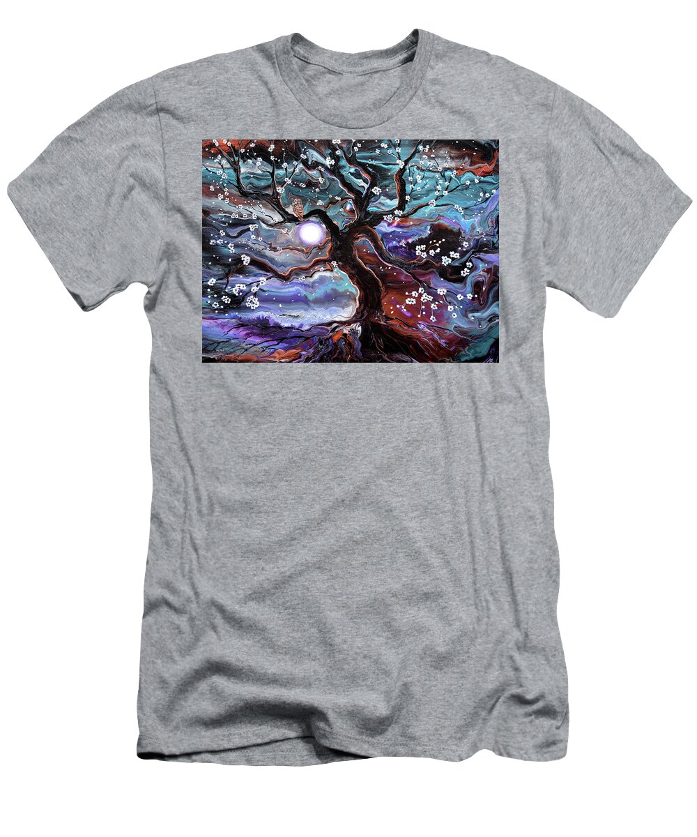 Barred Owl T-Shirt featuring the painting Barred Owl in a Blossoming Tree of Life by Laura Iverson