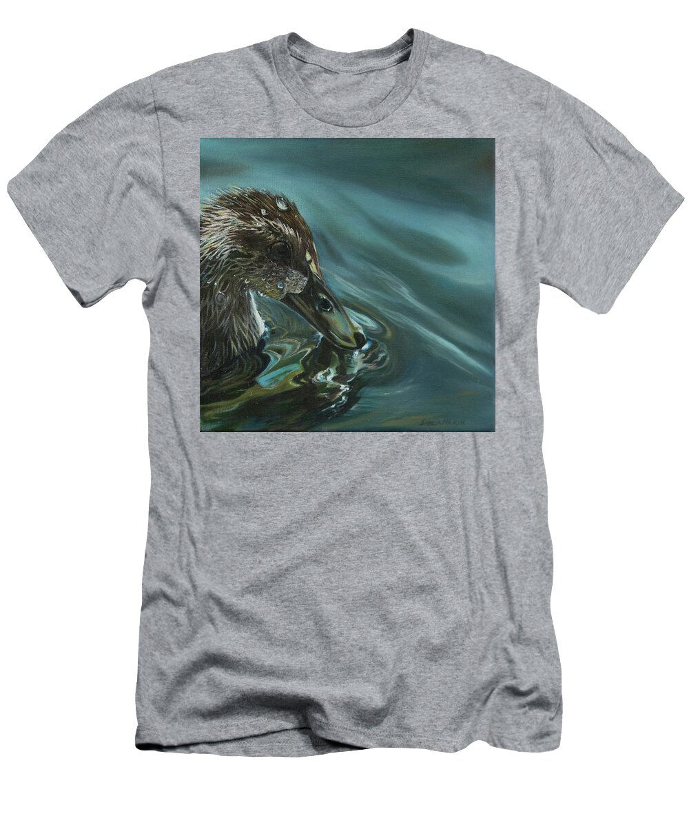 #duck #bathing #water #lake #ducks #droplets #nature #landscape #swim #blue #brown #feathers T-Shirt featuring the painting Bathing Duckline by Stella Marin