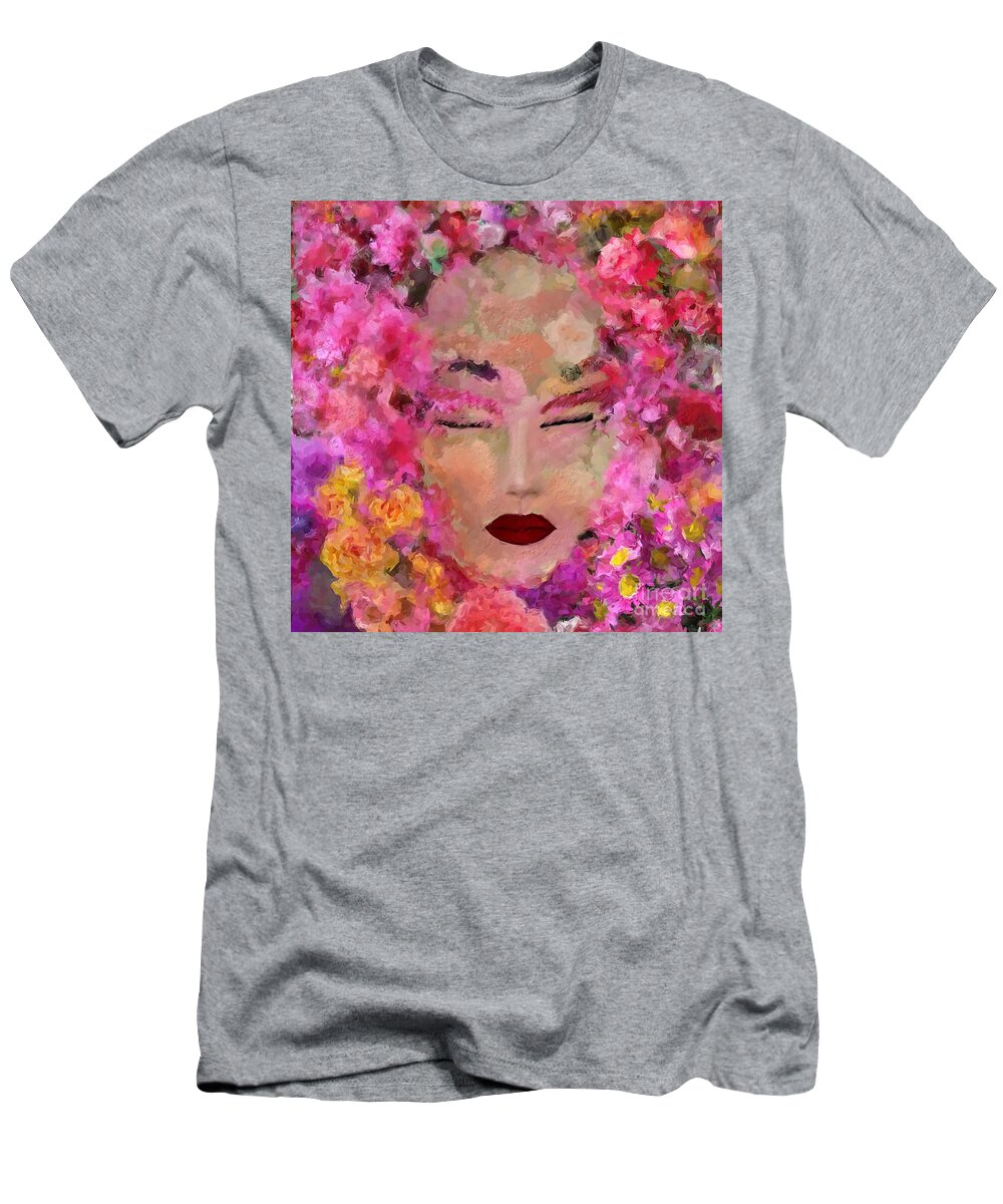 Red T-Shirt featuring the digital art Beautiful face on Flowers background  by Doron B