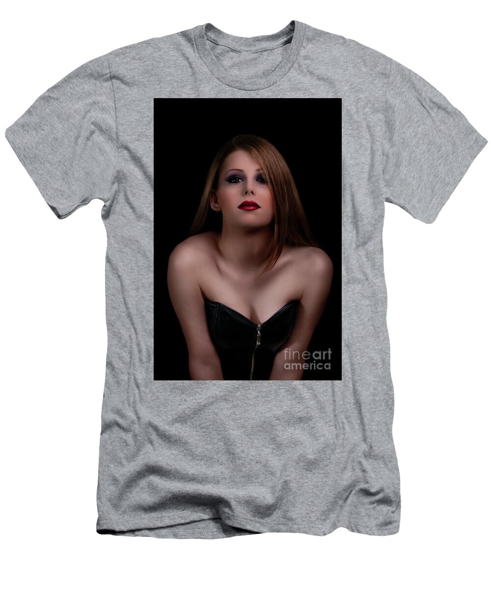 Beauty T-Shirt featuring the photograph Beauty portrait of a woman with glamurous make up on black background by Mendelex Photography