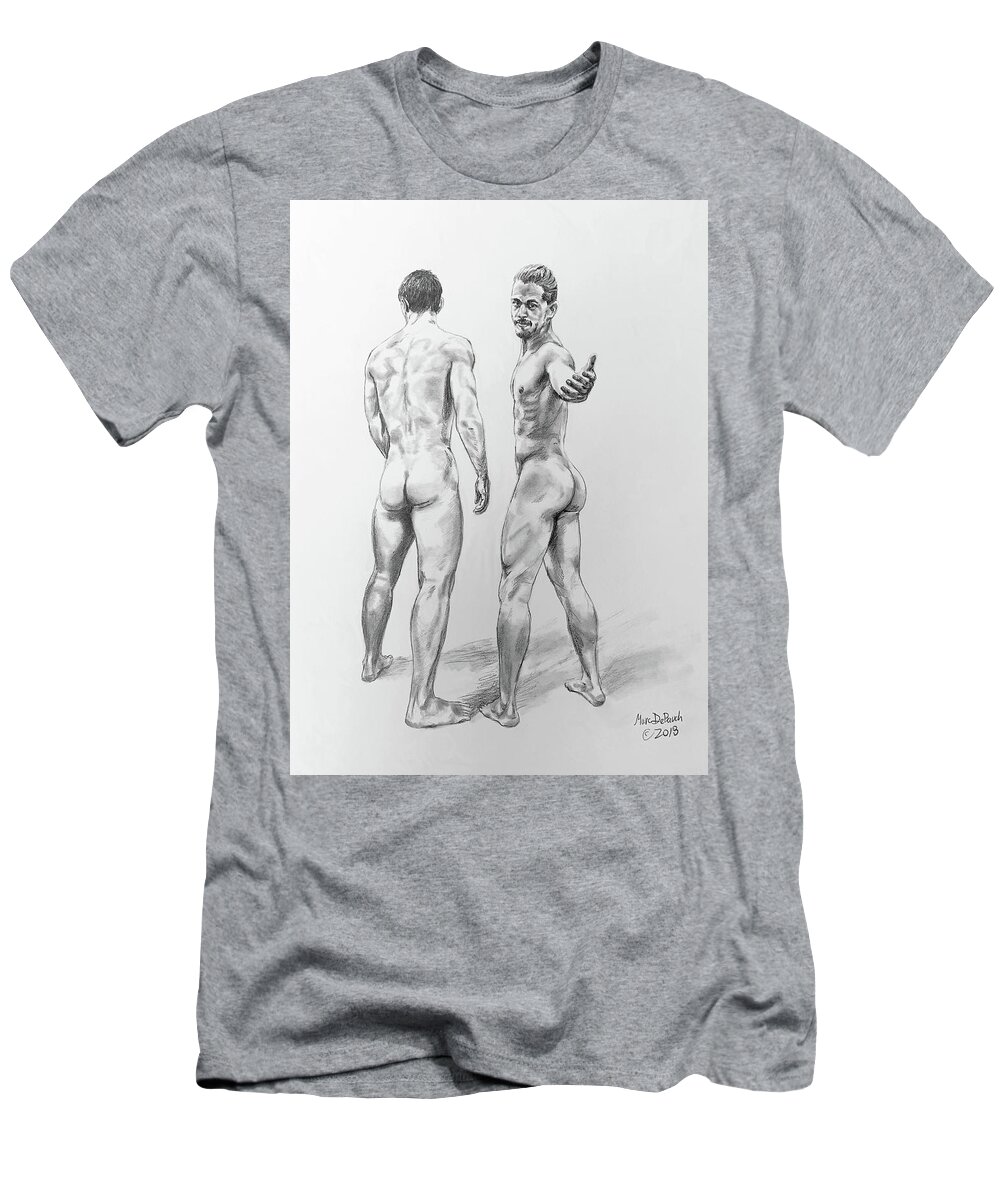 Male Nude T-Shirt featuring the drawing Beckoning Bros by Marc DeBauch