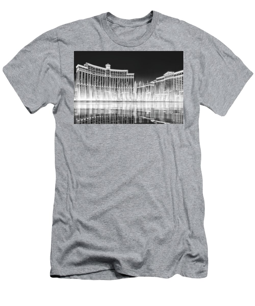 Bellagio Hotel T-Shirt featuring the photograph Bellagio Hotel Fountains BW by Susan Candelario