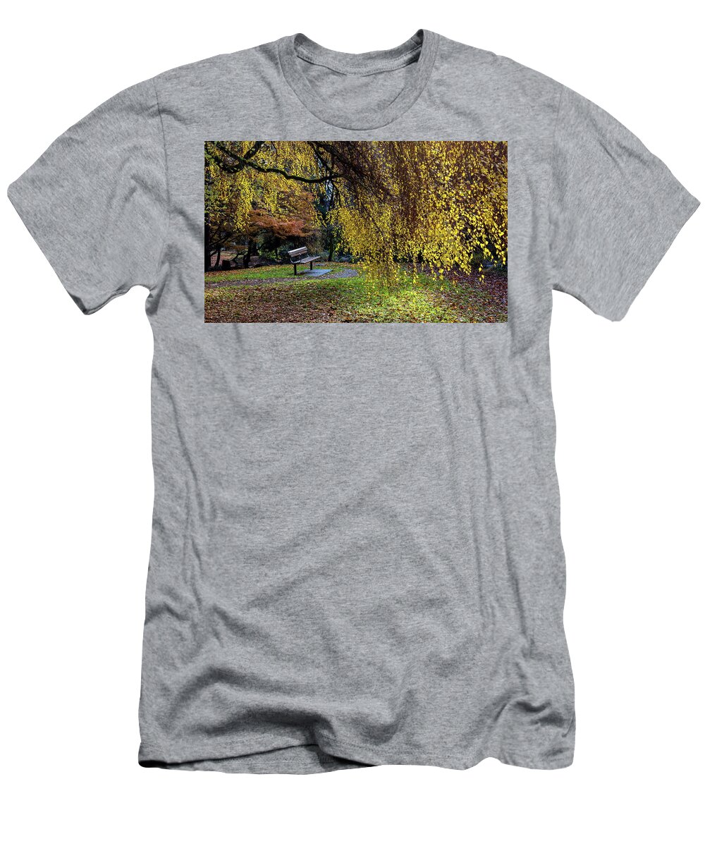 Alex Lyubar T-Shirt featuring the photograph Bench and yellow tree in the autumn park by Alex Lyubar