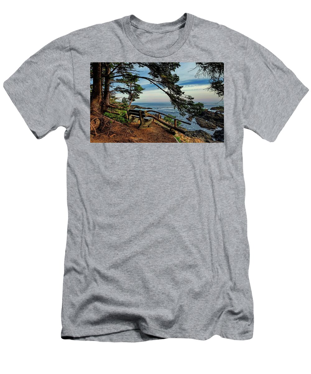  Alex Lyubar T-Shirt featuring the photograph Bench on the cliff over the seashore by Alex Lyubar