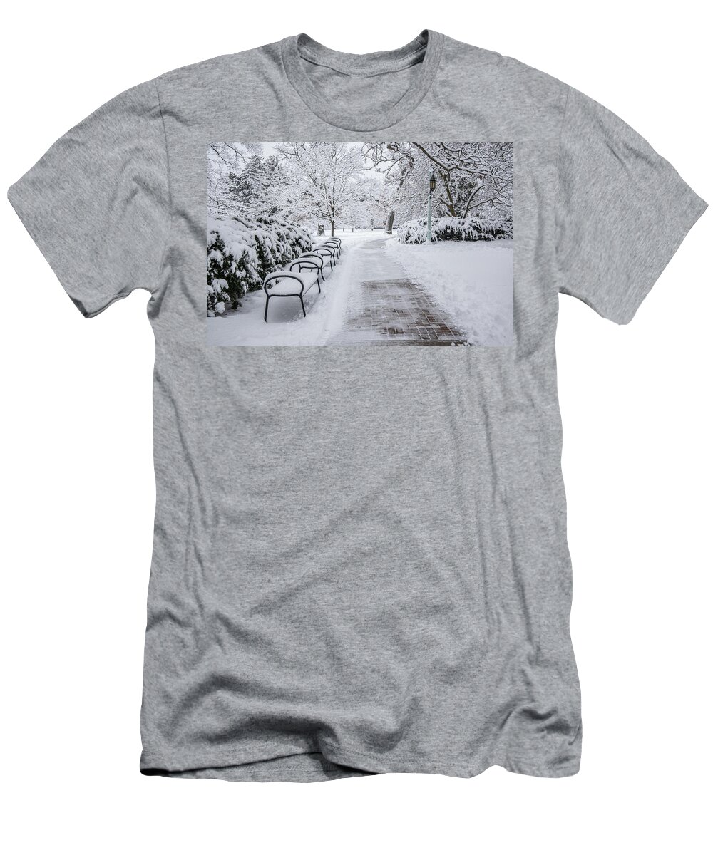 Beaumounnt Tower Winter T-Shirt featuring the photograph Benches in Winter MSU by John McGraw