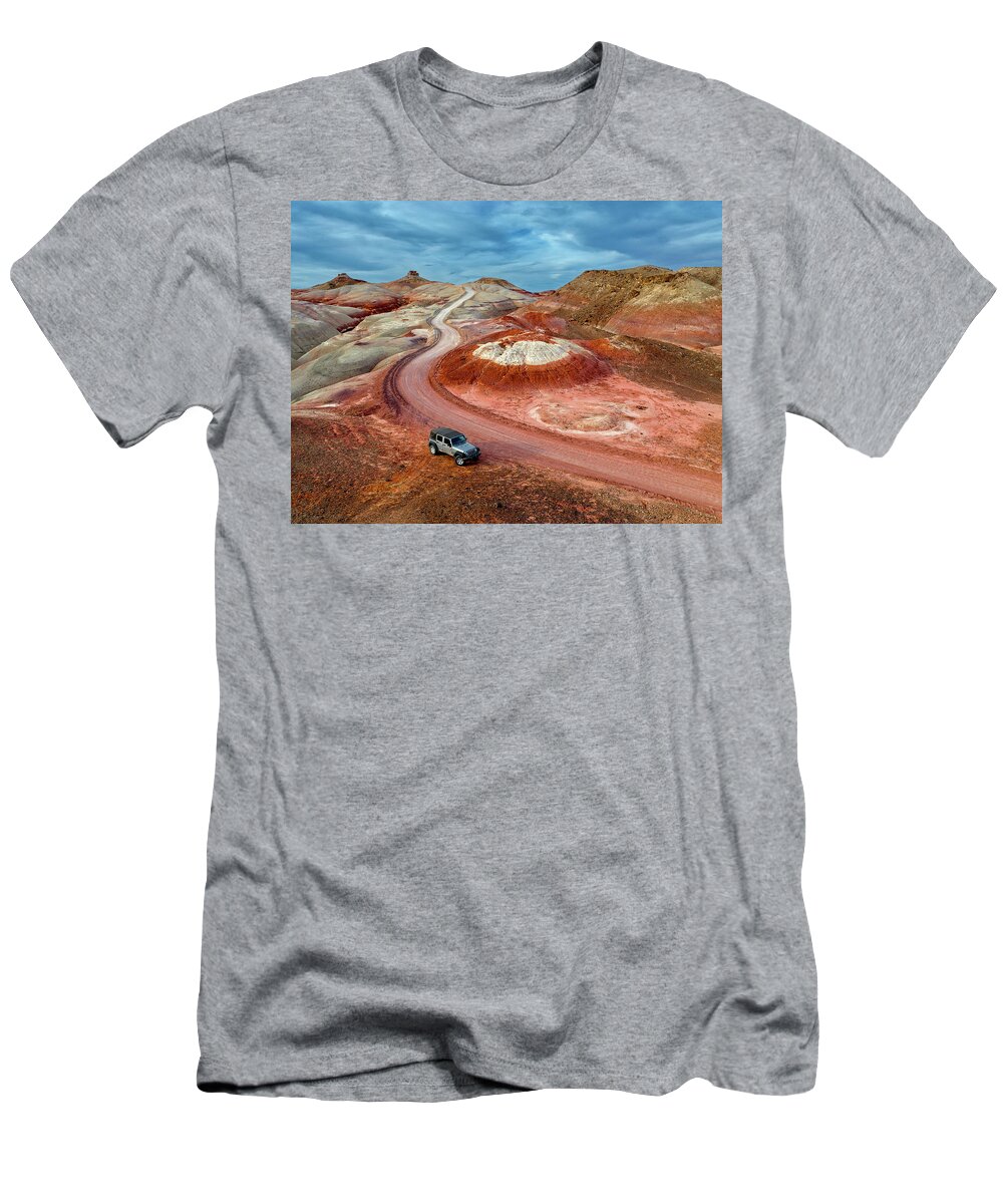 Bentonite T-Shirt featuring the photograph Bentonite Hills UT Aerial by Susan Candelario