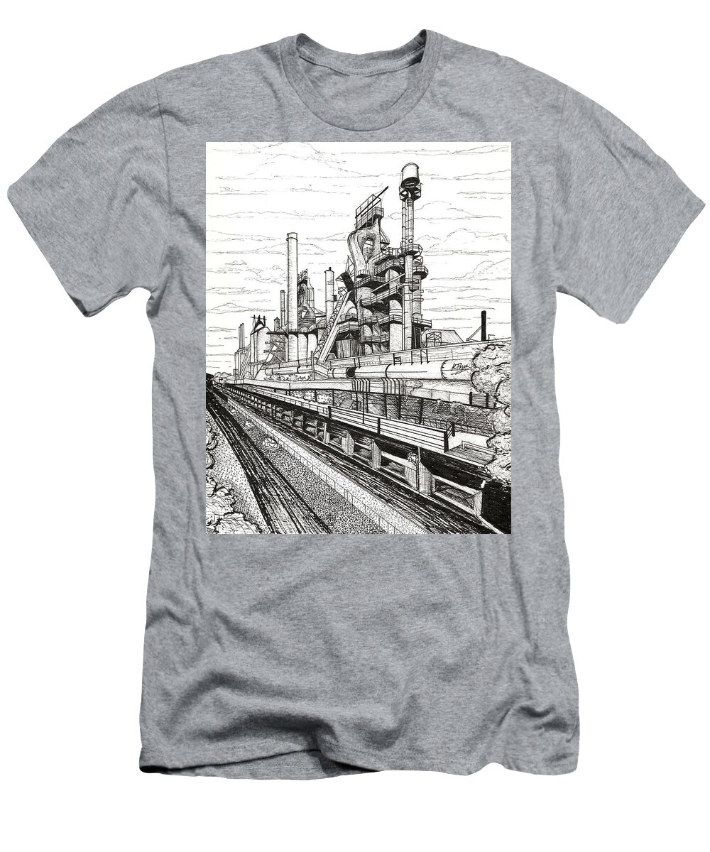 Bethlehem T-Shirt featuring the painting Industrial Elegance Bethlehem Steel Stacks Close-Up by Kenneth Pope