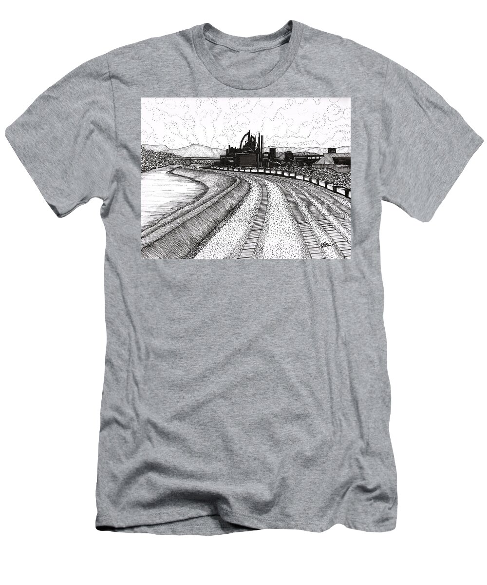 Bethlehem T-Shirt featuring the drawing Steel Symphony Bethlehem Steel Stacks by Kenneth Pope