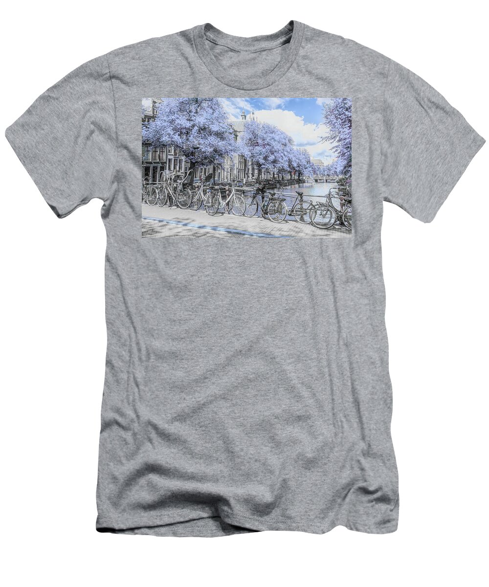 Amsterdam T-Shirt featuring the photograph Bicycles Along the Canals in Blues and Black and White by Debra and Dave Vanderlaan