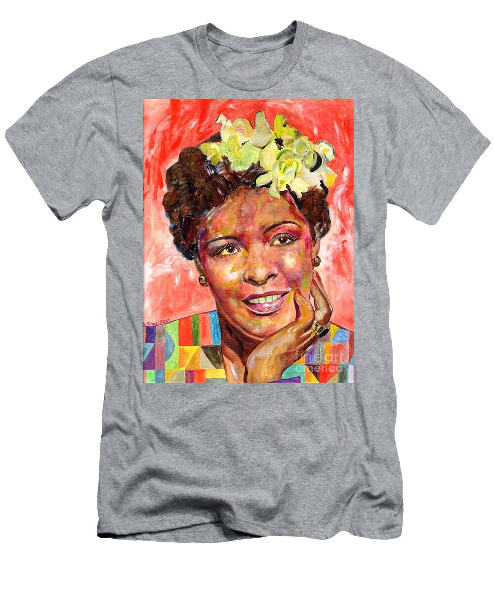 Billie Holiday T-Shirt featuring the painting Billie Holiday Smiling Portrait by Suzann Sines