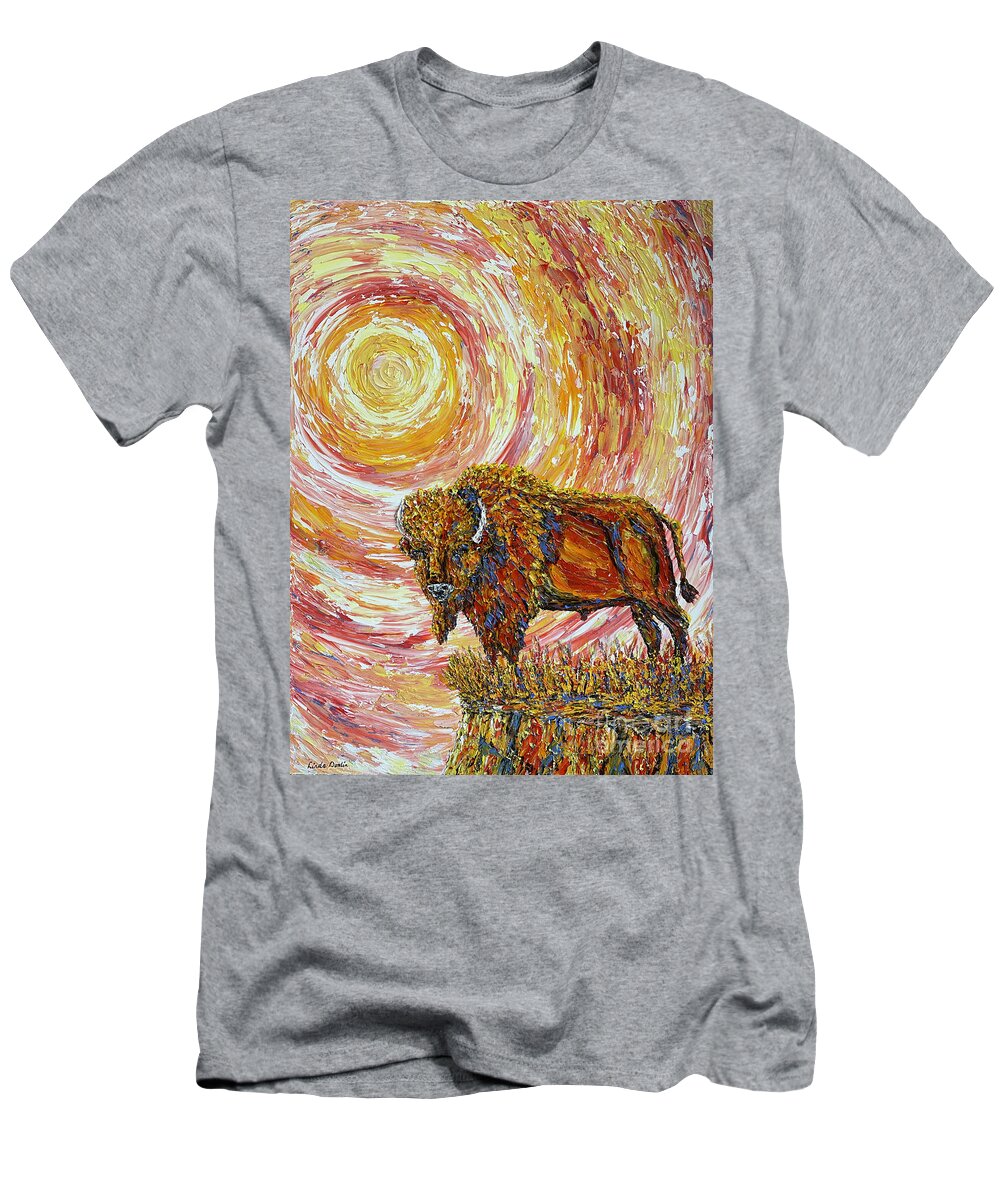 Bison T-Shirt featuring the painting BiSun Rising by Linda Donlin