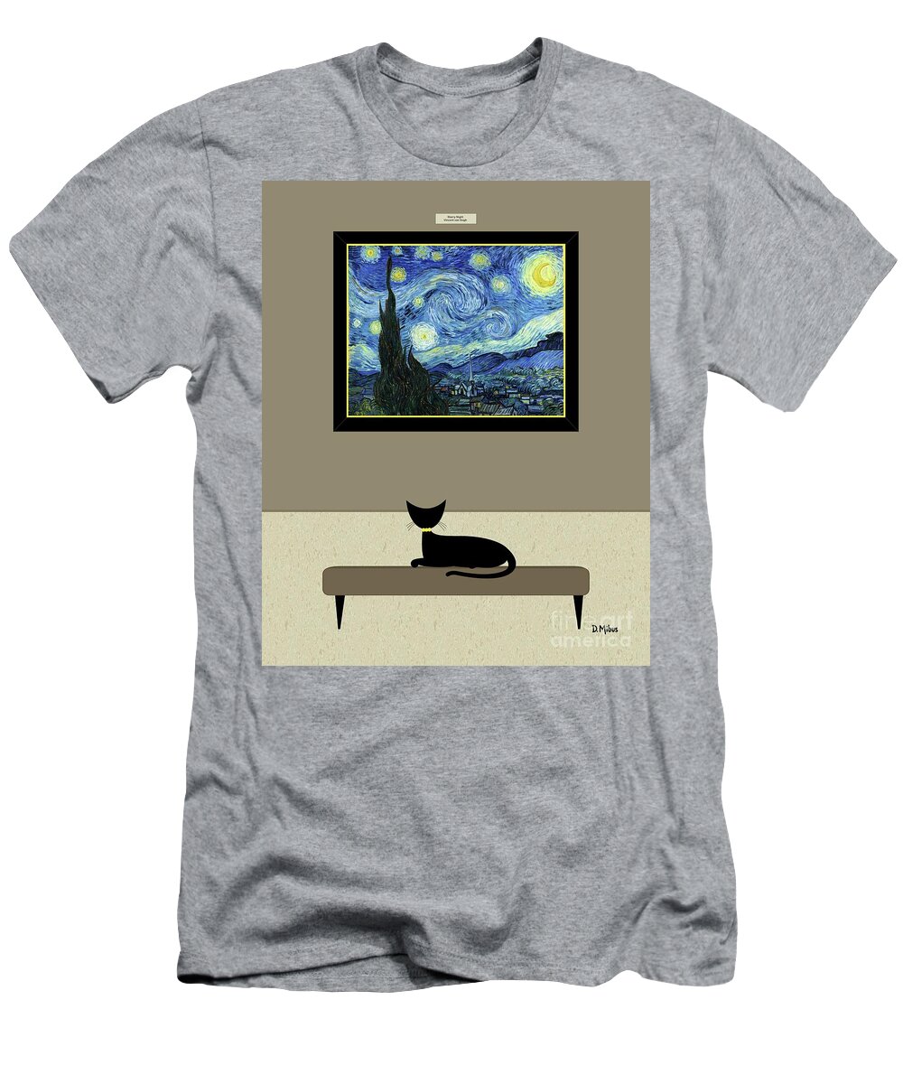 Cat T-Shirt featuring the digital art Black Cat Admires Starry Night Painting by Donna Mibus