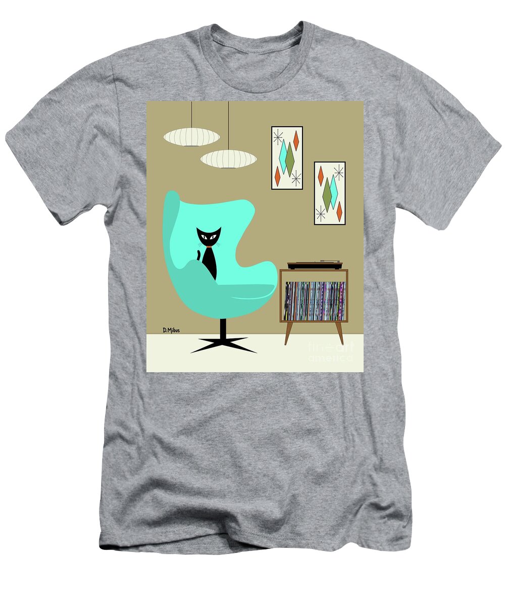 Mid Century Black Cat T-Shirt featuring the digital art Black Cat in Record Player Room by Donna Mibus