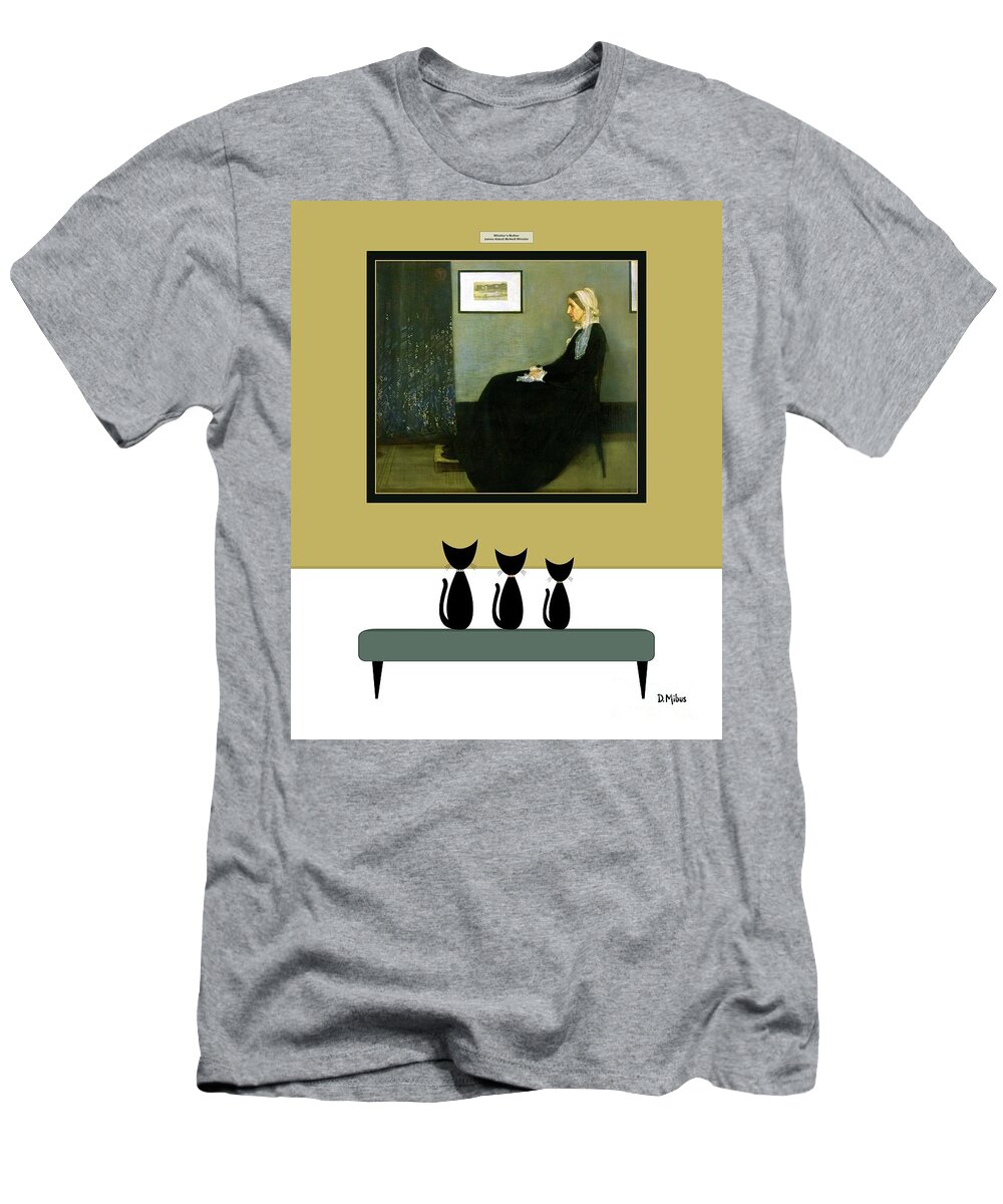 Cats At Museum T-Shirt featuring the digital art Black Cats Admire Whistler's Mother Painting by Donna Mibus