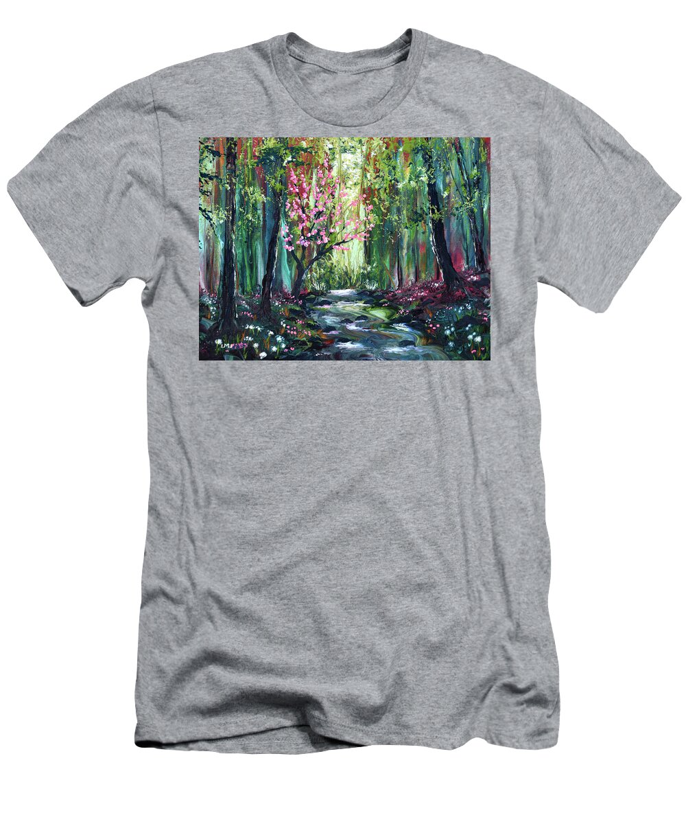 Woods T-Shirt featuring the painting Blossoming Tree by a Brook by Laura Iverson