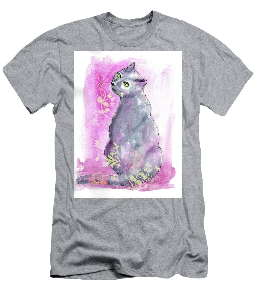 Cat T-Shirt featuring the painting Blue Cat with Flowers by Zelda Tessadori
