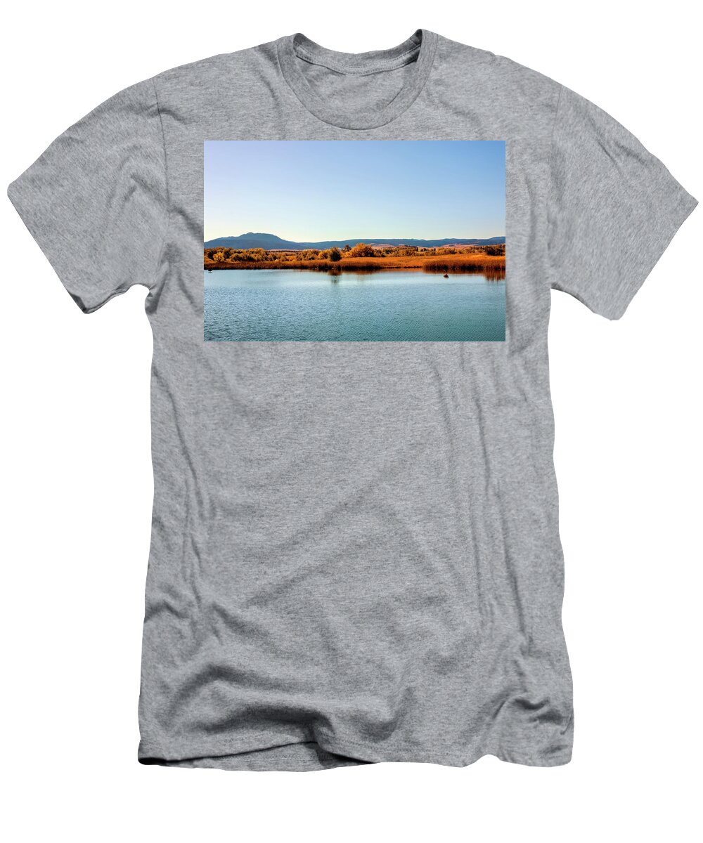 Black Hills T-Shirt featuring the photograph Blue Skies over mirror lakes reflections by Cathy Anderson