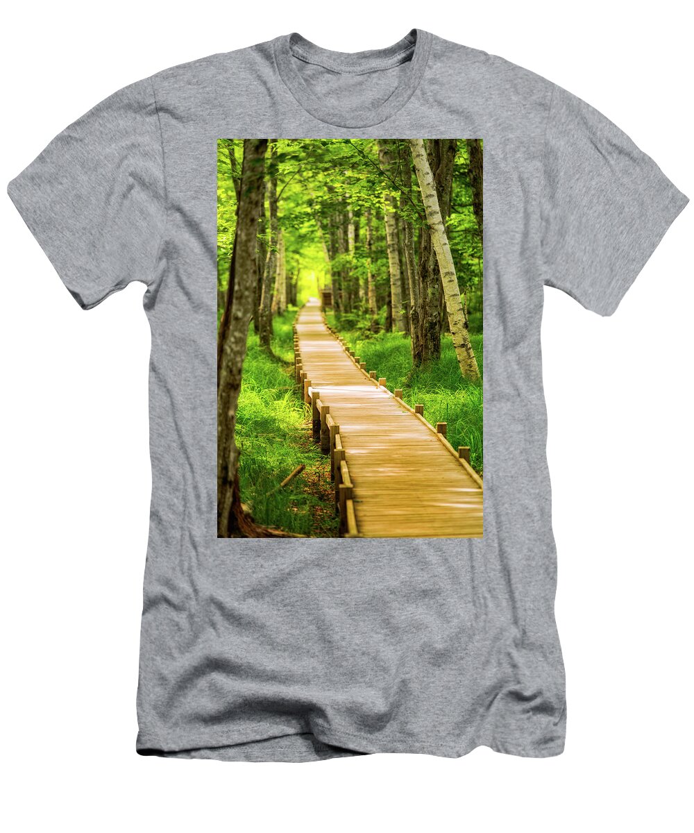 Acadia T-Shirt featuring the photograph Boardwalk in the Forest by Jeff Sinon