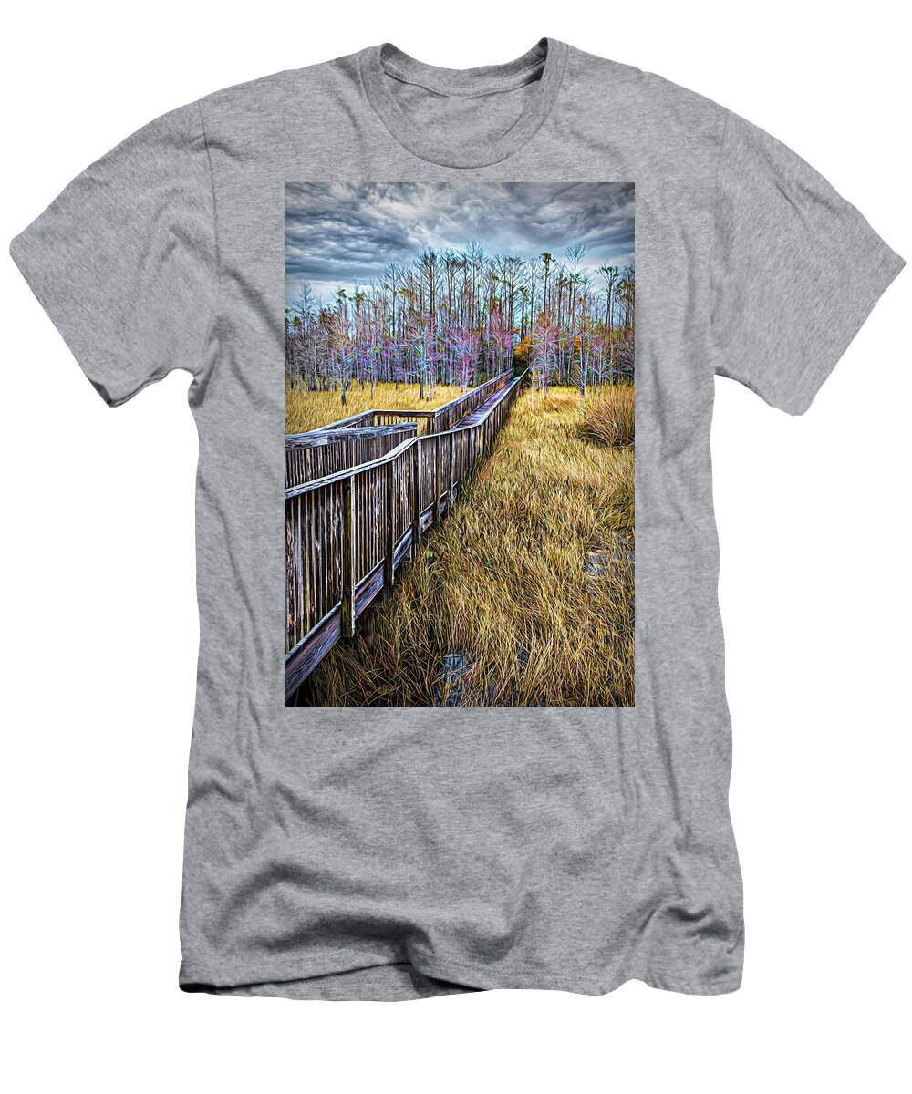 Clouds T-Shirt featuring the photograph Boardwalk over the Marsh Painting by Debra and Dave Vanderlaan