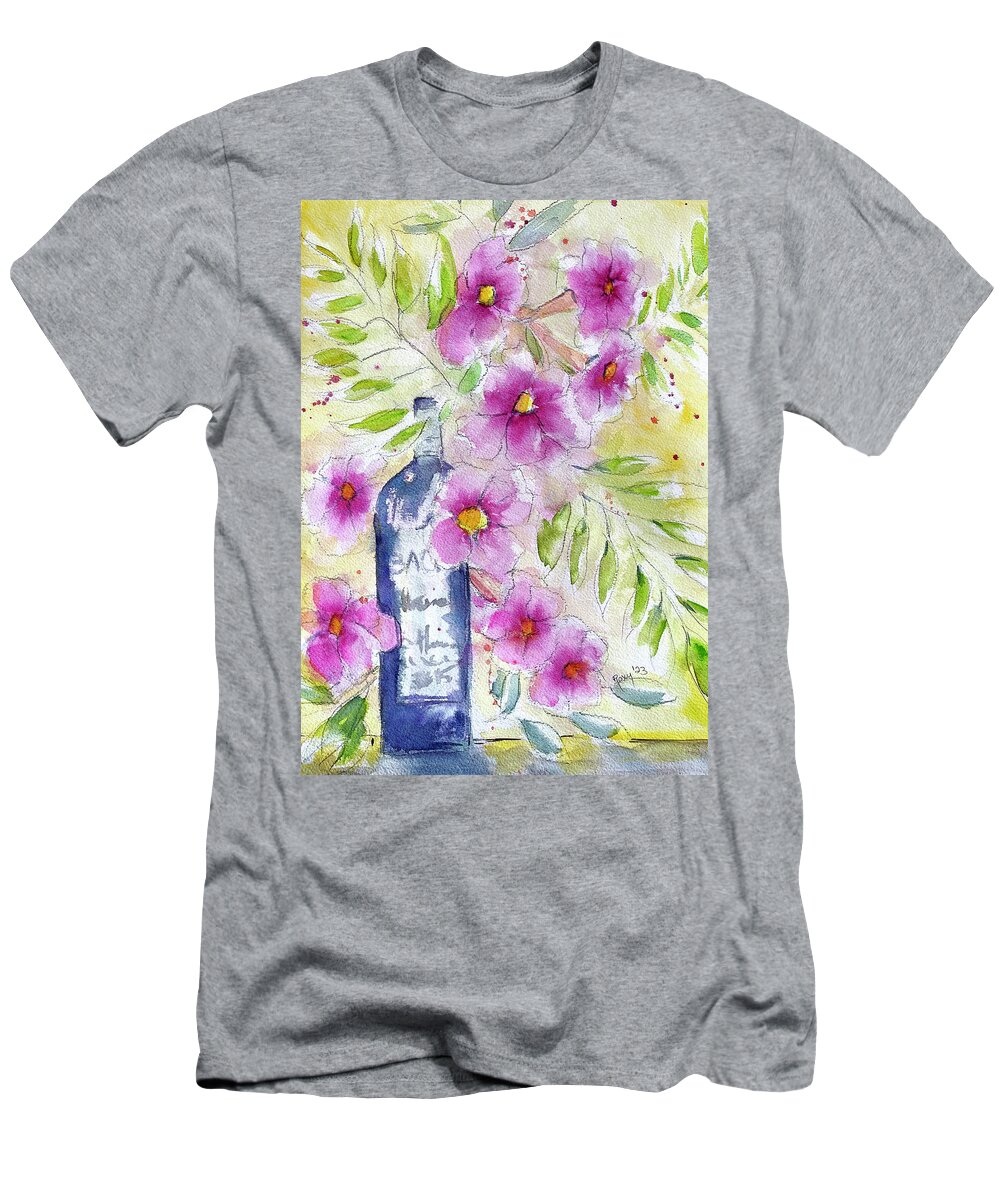 Wine Bottle T-Shirt featuring the painting Bottle and Blooms by Roxy Rich