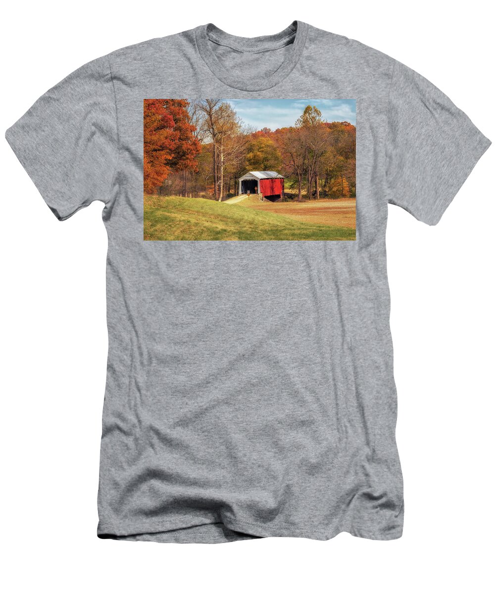 Parke County Covered Bridges T-Shirt featuring the photograph Bowsher Ford Covered Bridge in Autumn - Parke County, IN by Susan Rissi Tregoning