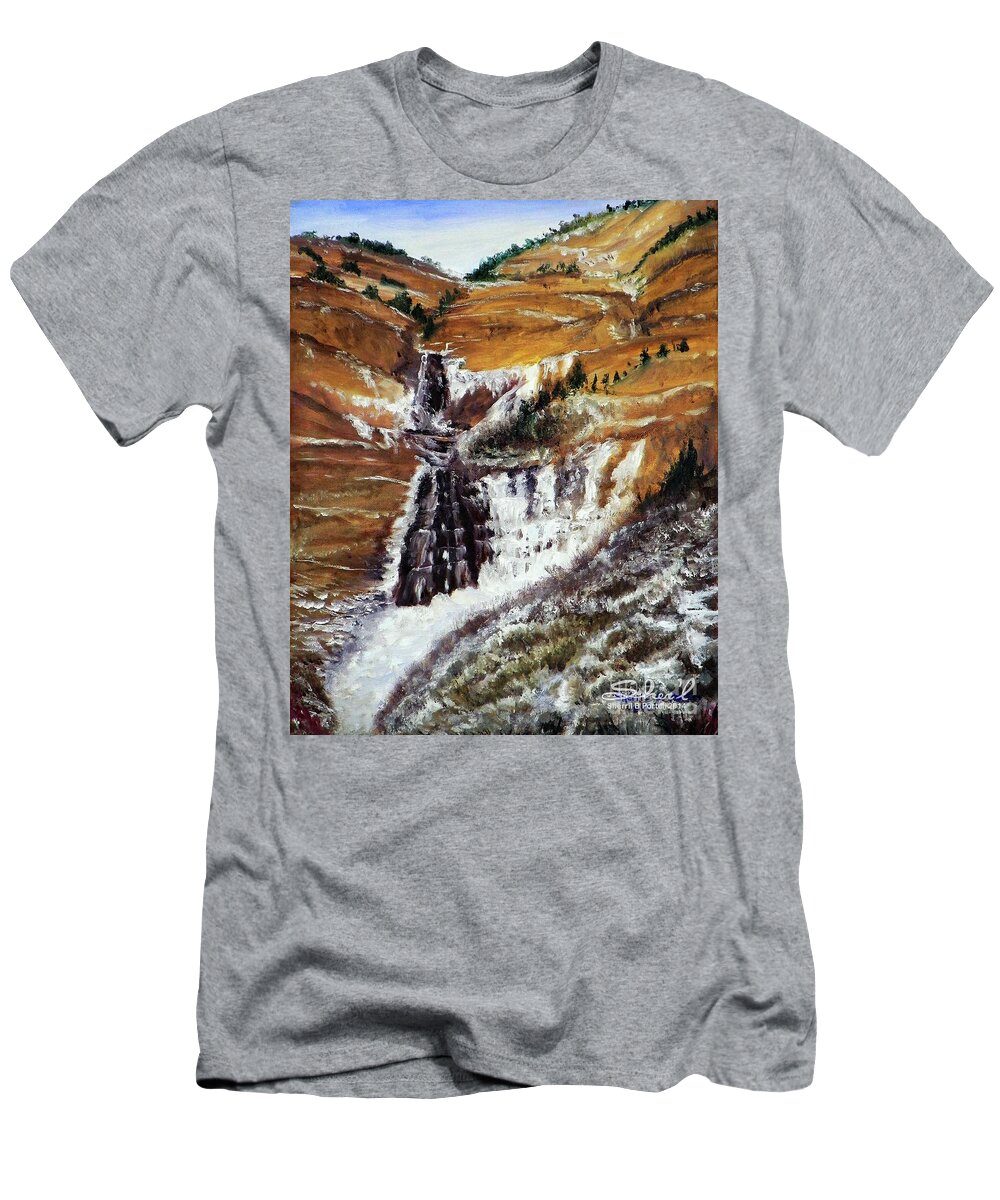 Sherril Porter T-Shirt featuring the painting Bridal Veil Falls in Winter by Sherril Porter