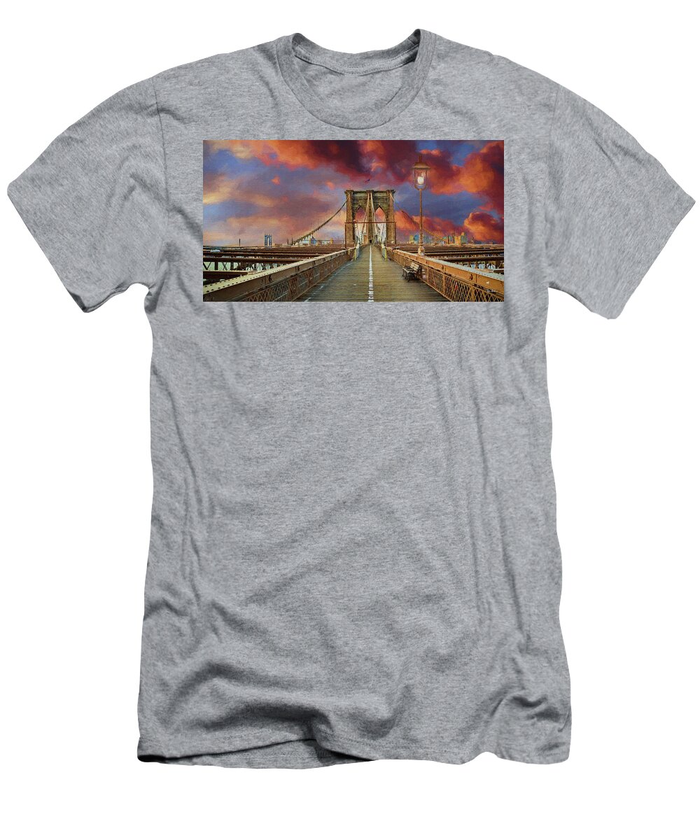 Brooklyn T-Shirt featuring the digital art Brooklyn Bridge Early Morning Sunrise by Russ Harris