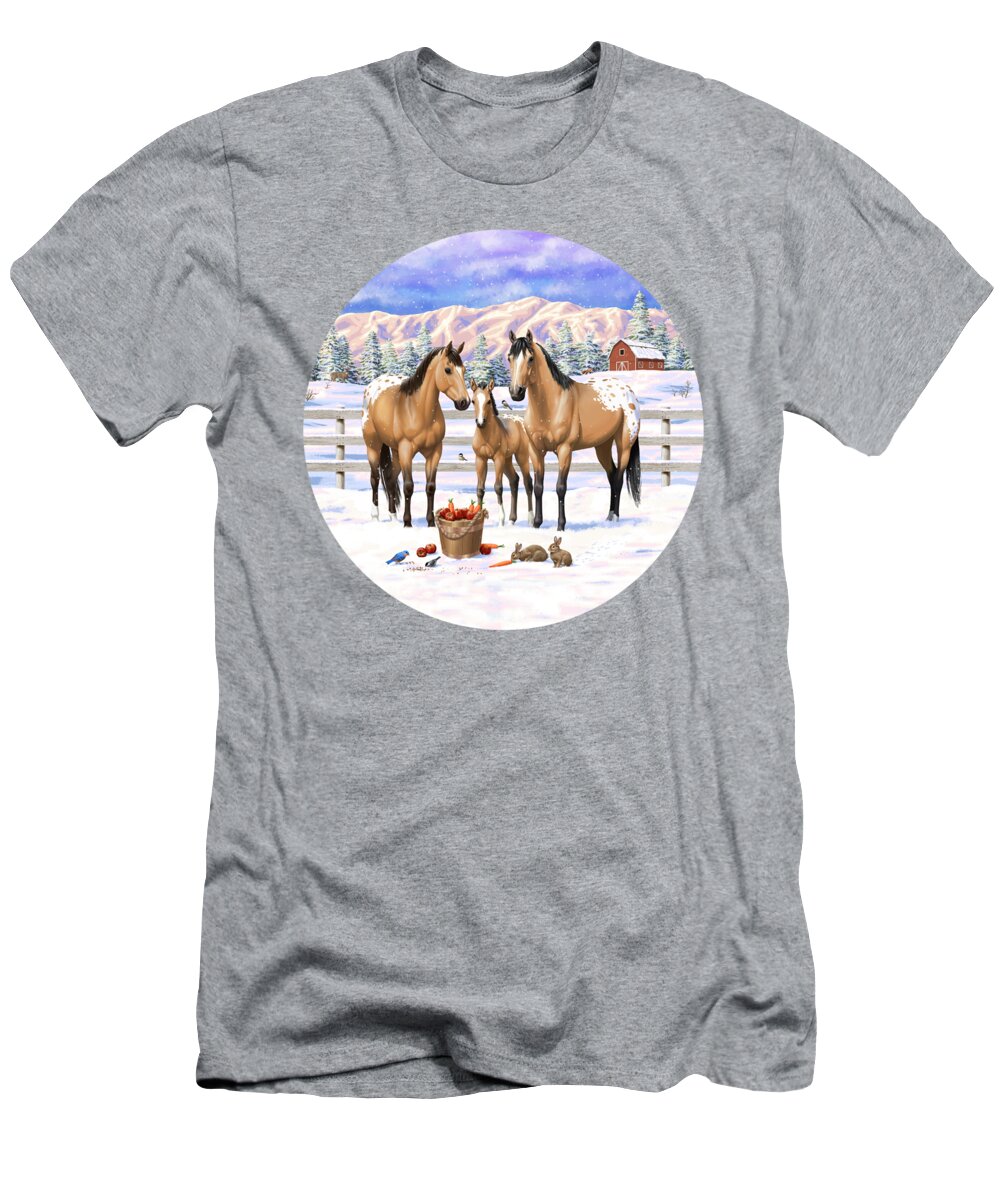 Horses T-Shirt featuring the painting Buckskin Appaloosa Horses In Snow by Crista Forest