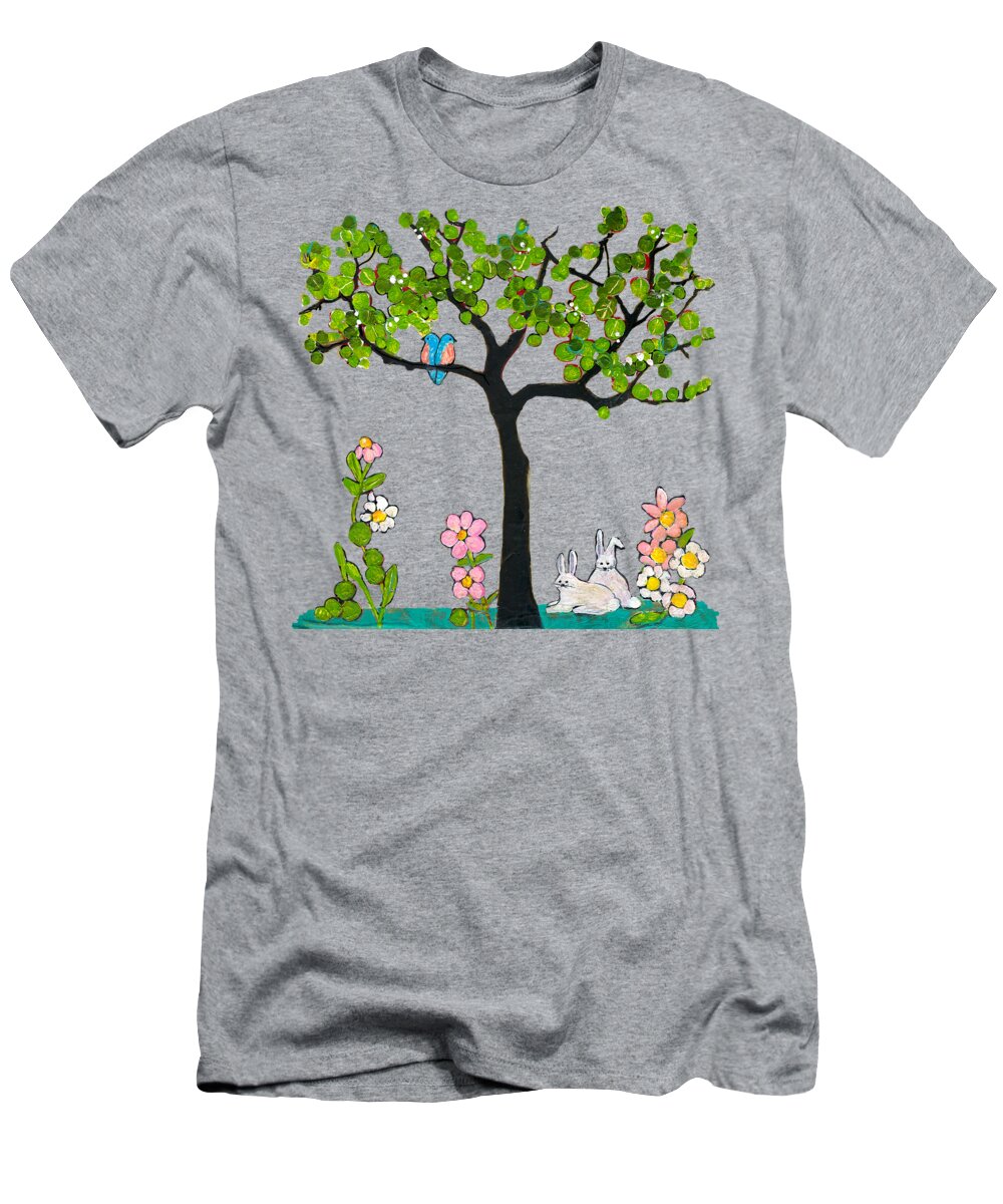 Animals T-Shirt featuring the painting Bunnies and Birds Tree by Blenda Studio