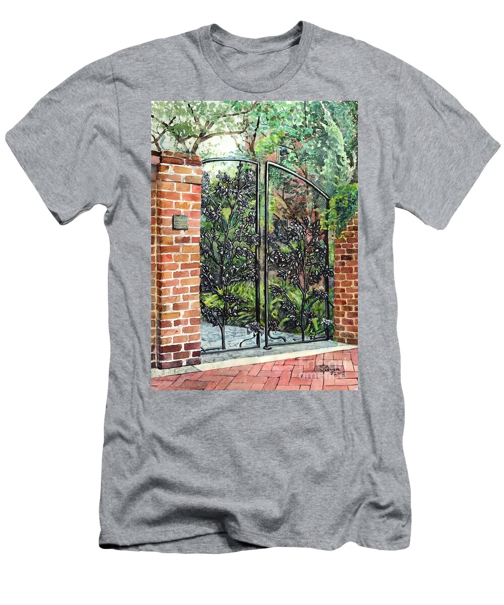 Savannah T-Shirt featuring the painting Camellia Gate by Merana Cadorette