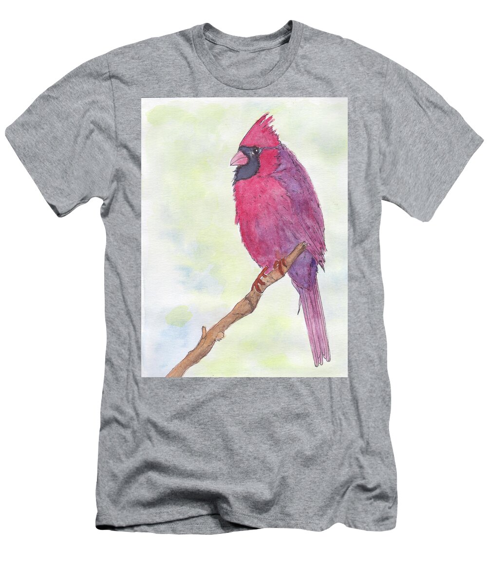 Birds T-Shirt featuring the painting Cardinal Visiting by Anne Katzeff