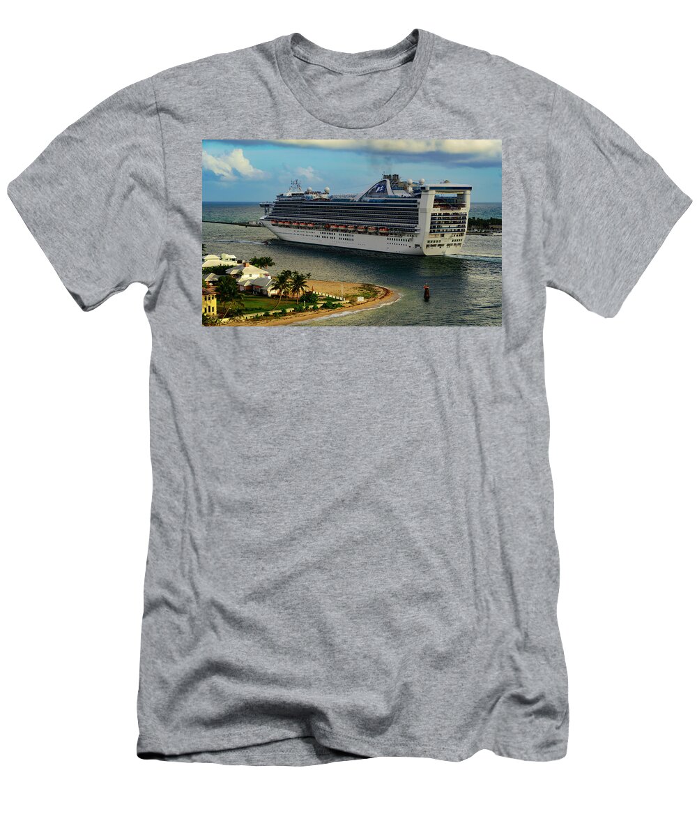 Cruise Ship; Skies; Clouds; Water; Landscape; Color; Travel T-Shirt featuring the photograph Caribbean Princess #1 by AE Jones