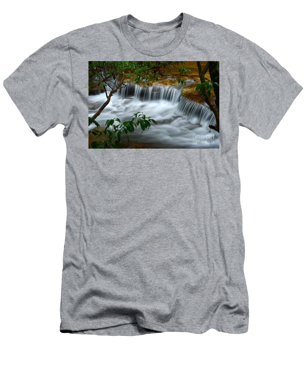 Virgin Falls T-Shirt featuring the photograph Cascading Creek In Forest by Phil Perkins
