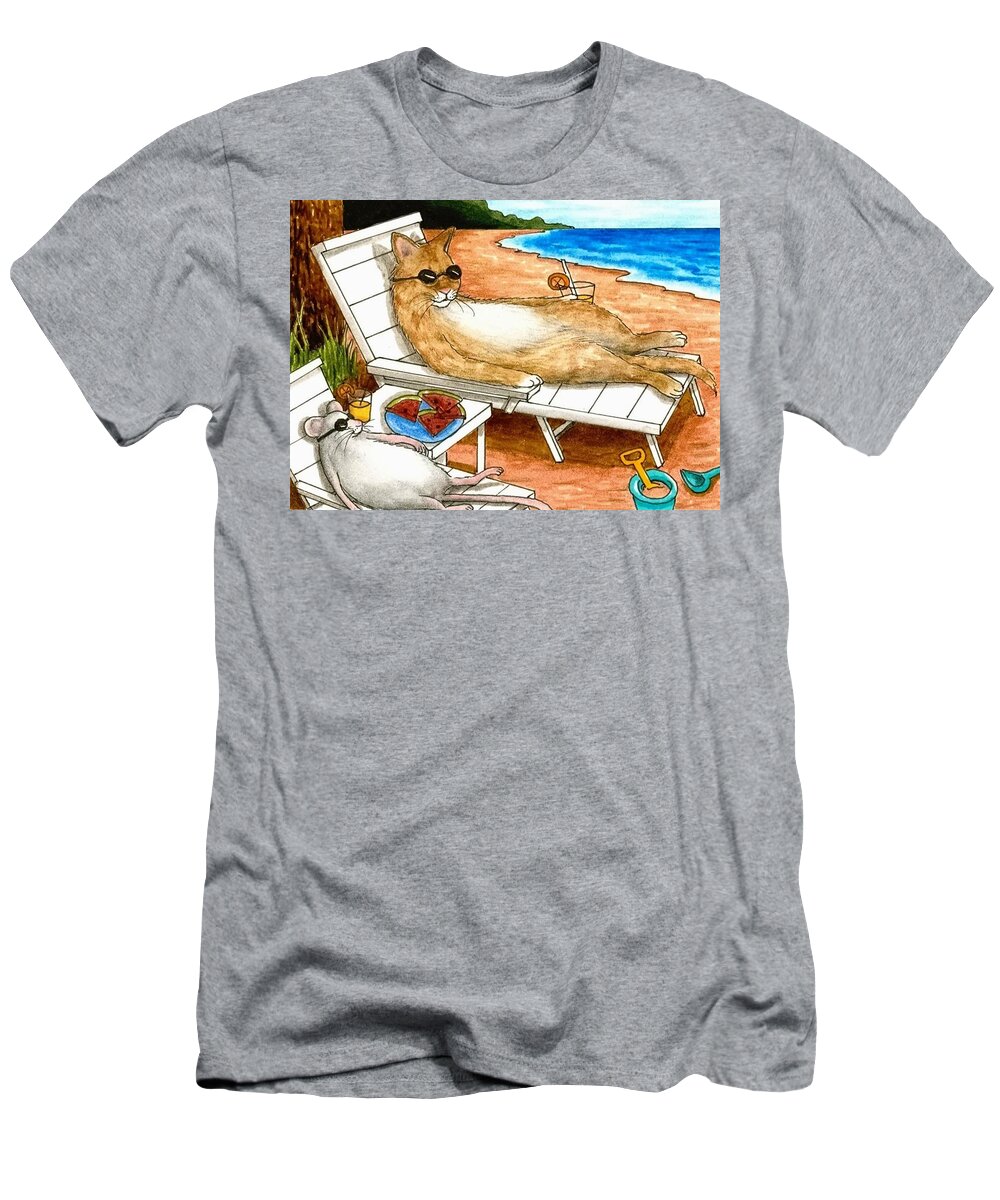 Cat T-Shirt featuring the painting Cat 374 mouse Beach by Lucie Dumas