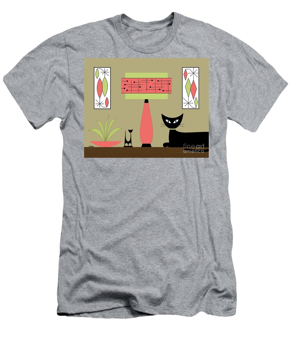 Mid Century Modern T-Shirt featuring the digital art Cat on Tabletop with Lamp in Pink by Donna Mibus