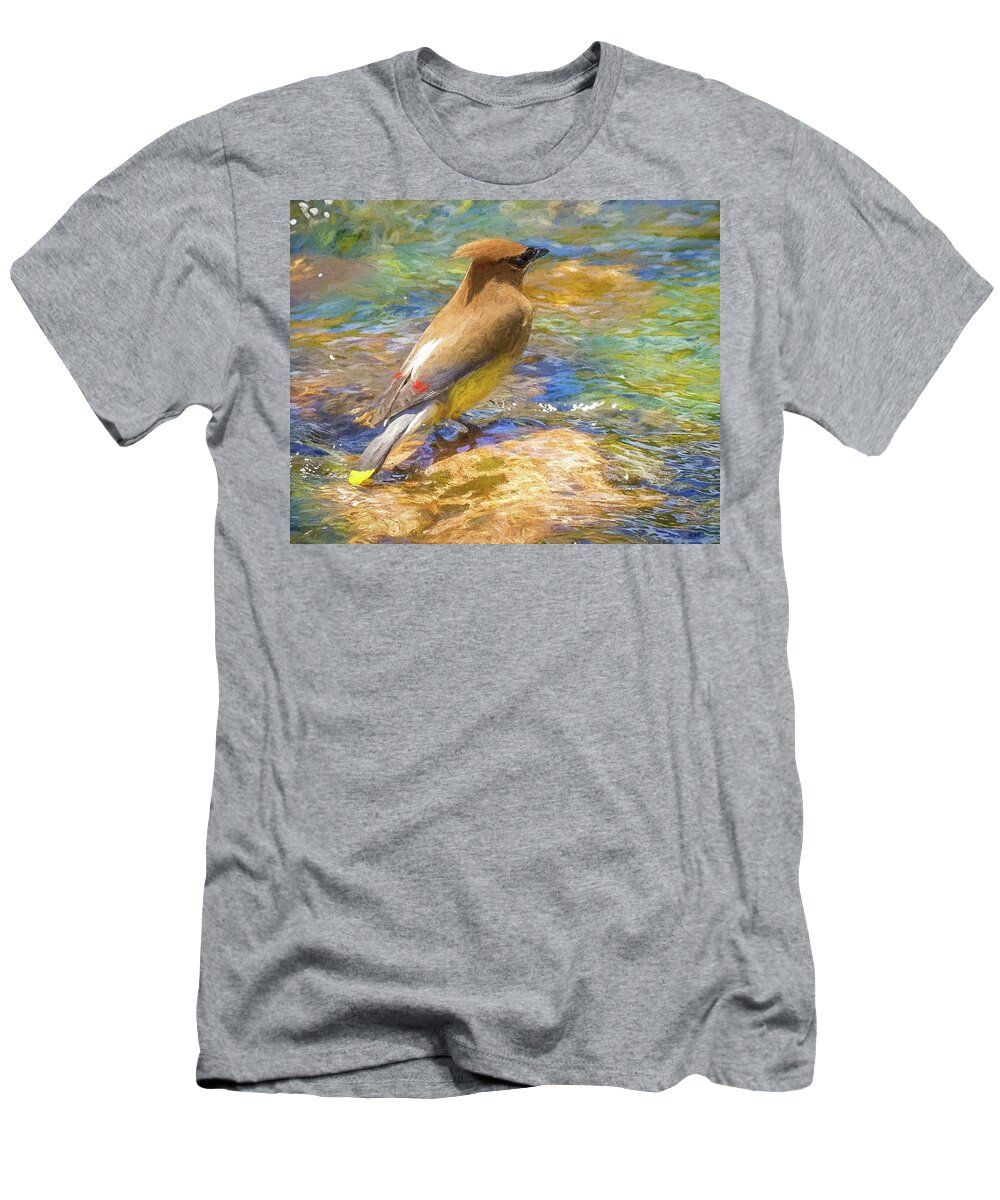 Portrait T-Shirt featuring the mixed media Cedar Waxwing Oil Pastel by Susan Rydberg