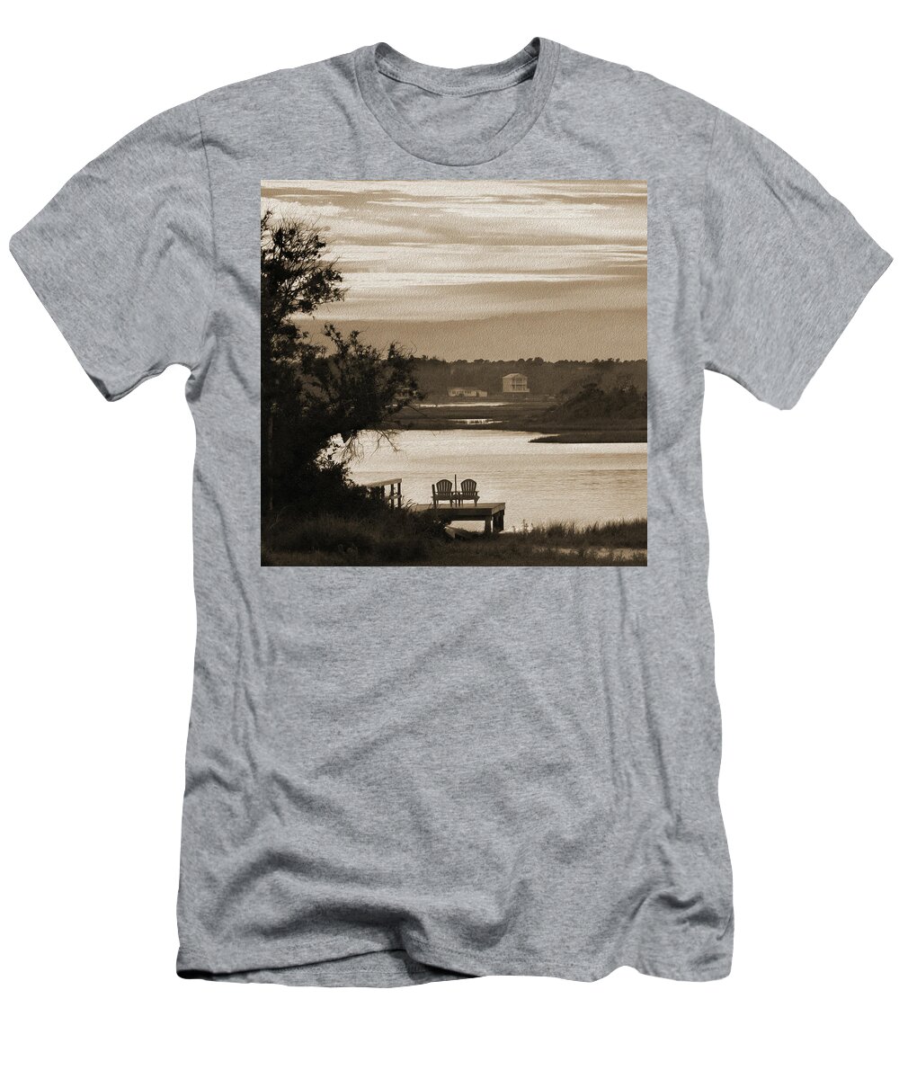 Beach Scene T-Shirt featuring the photograph Chairs on a Dock by Mike McGlothlen