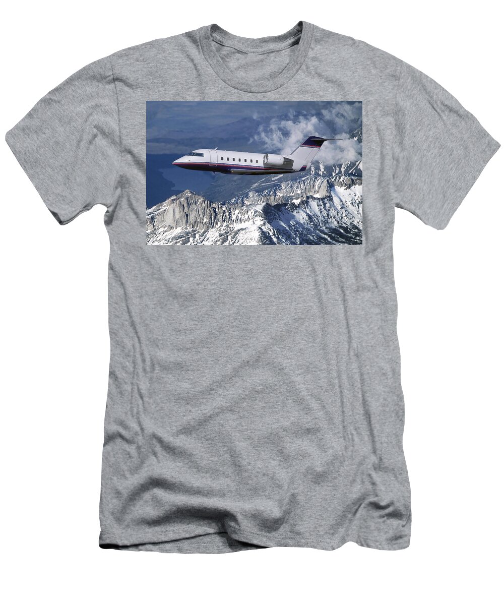 Challenger Business Jet T-Shirt featuring the mixed media Challenger Corporate Jet over Snowcapped Mountains by Erik Simonsen