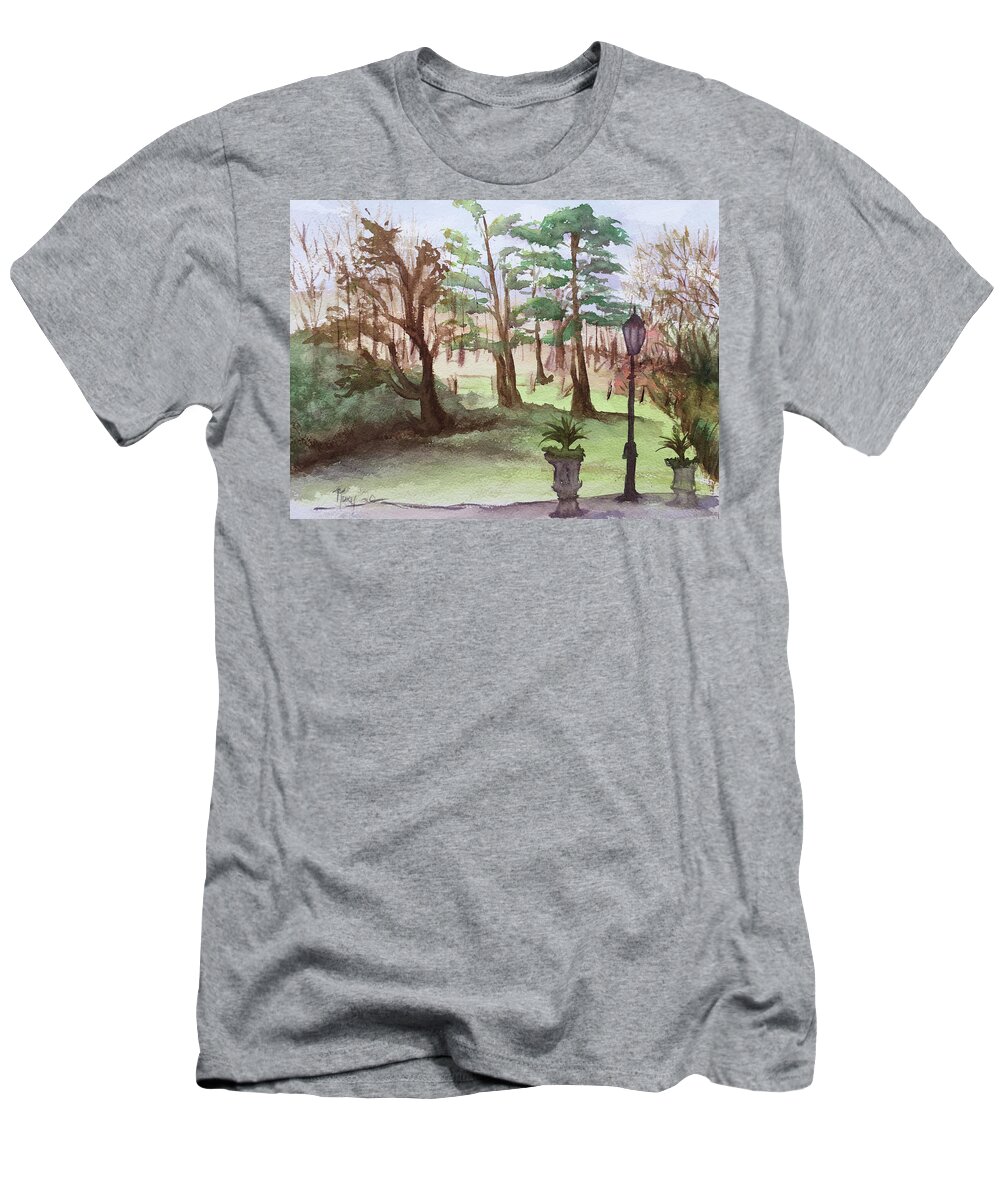 Landscape T-Shirt featuring the painting Stanhill Court in Charlwood by Roxy Rich