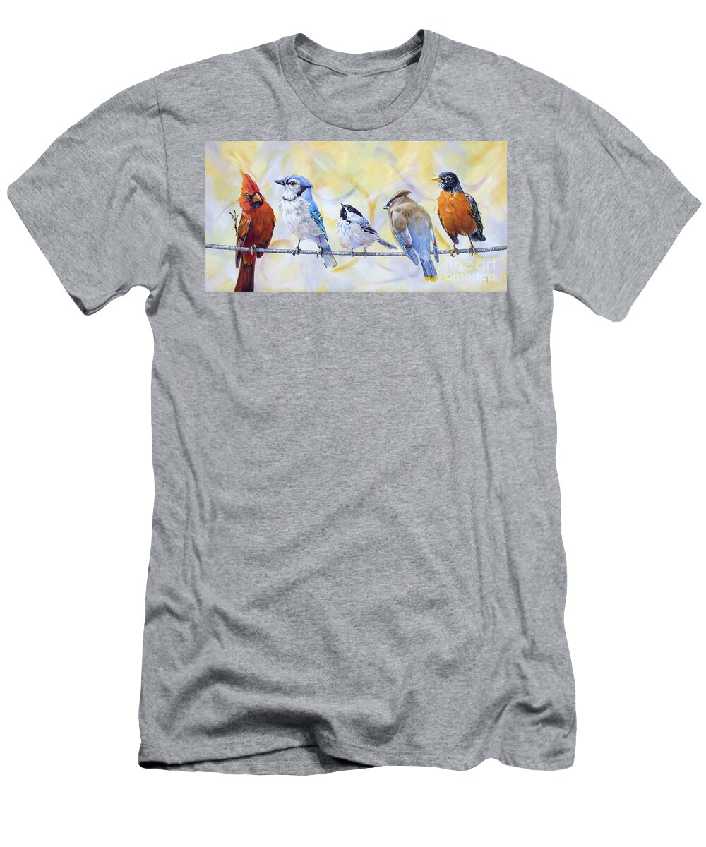 Birds T-Shirt featuring the painting Chatting Online by Annie Troe