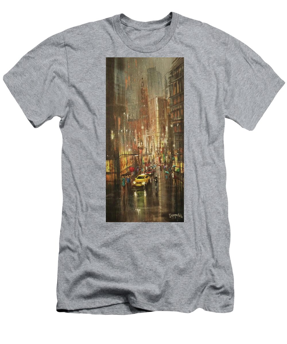 City Rain T-Shirt featuring the painting Chicago Rain by Tom Shropshire