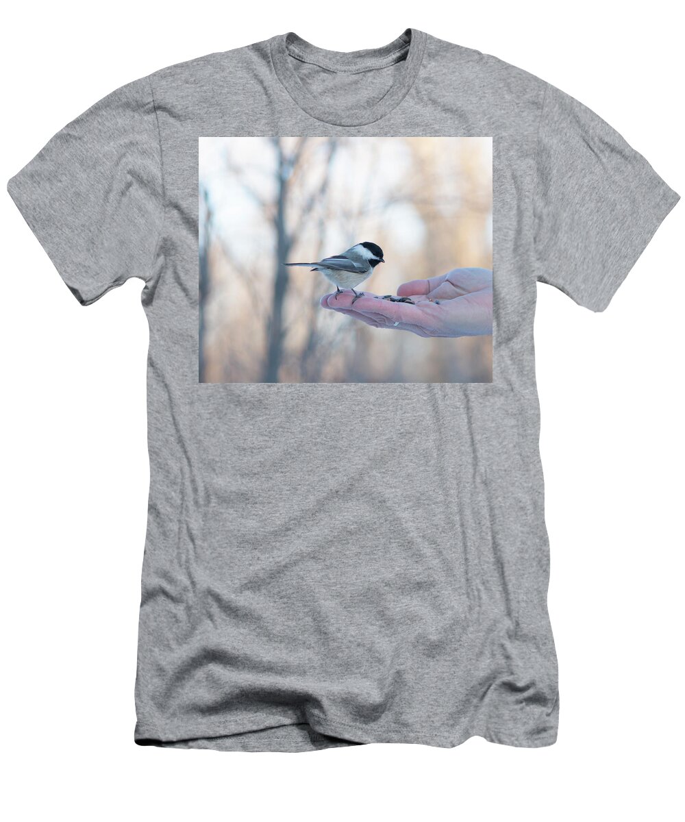 Chickadee T-Shirt featuring the photograph Chickadee On Hand by Karen Rispin