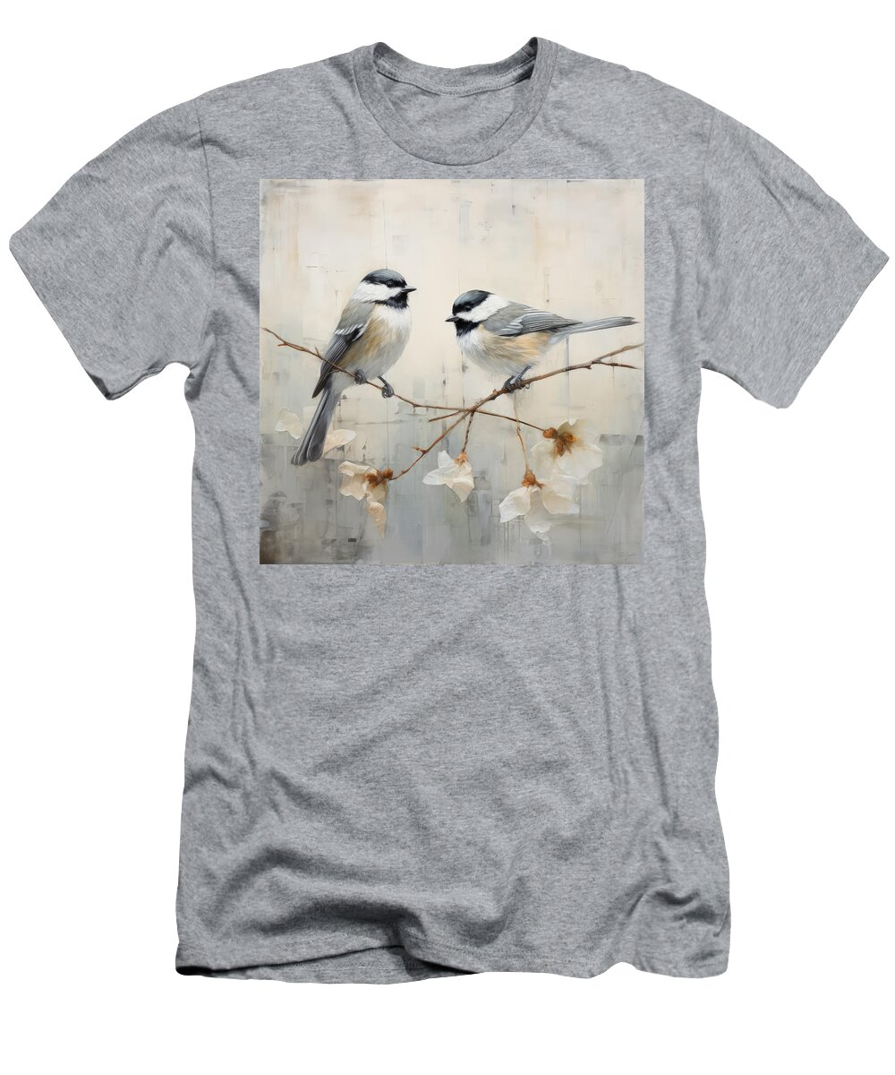 Chickadee T-Shirt featuring the painting Chickadees in Serene Neutrals by Lourry Legarde