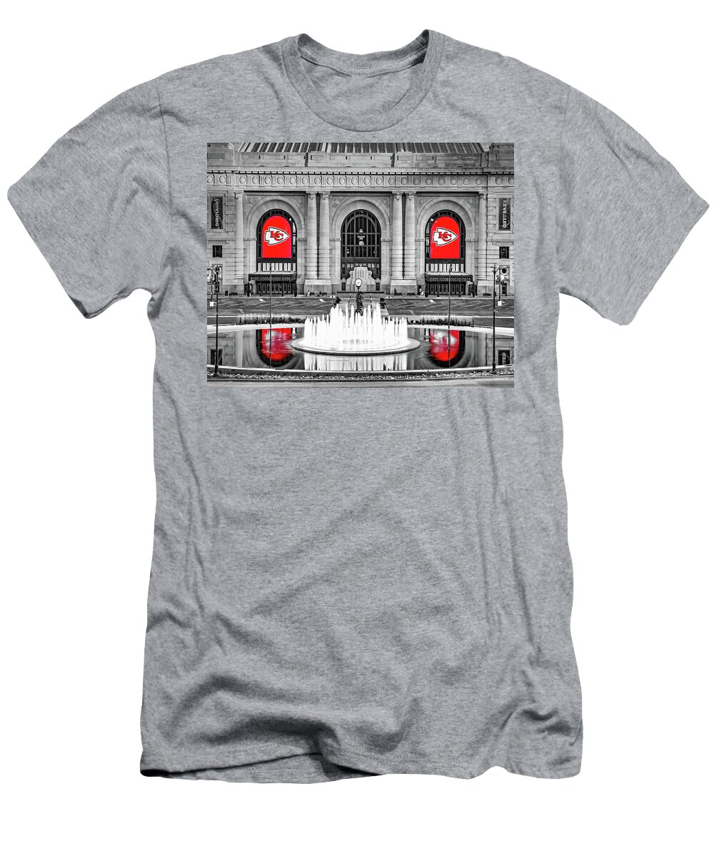Kansas City T-Shirt featuring the photograph Chiefs Banner Reflections - Kansas City Union Station in Selective Color by Gregory Ballos