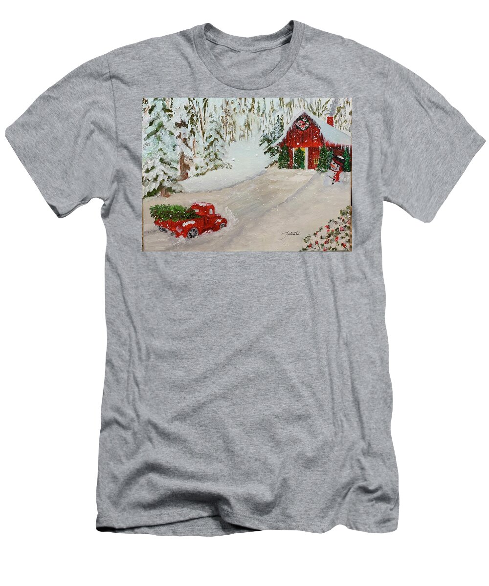 Red Truck T-Shirt featuring the painting Christmas at the Tree Barn by Juliette Becker