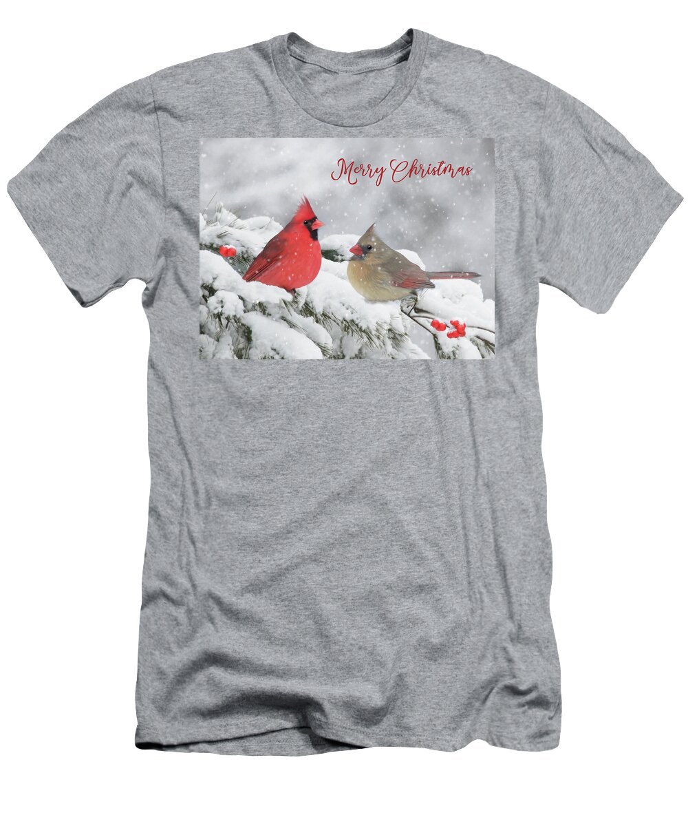 Cardinal T-Shirt featuring the mixed media Christmas Cardinals by Lori Deiter