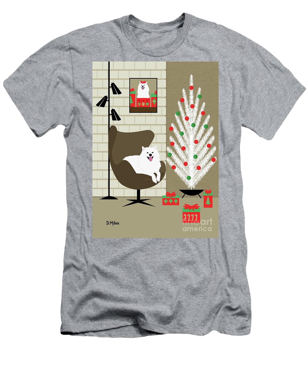 Mid Century Dog T-Shirt featuring the digital art Christmas Room with Eskimo Dog by Donna Mibus