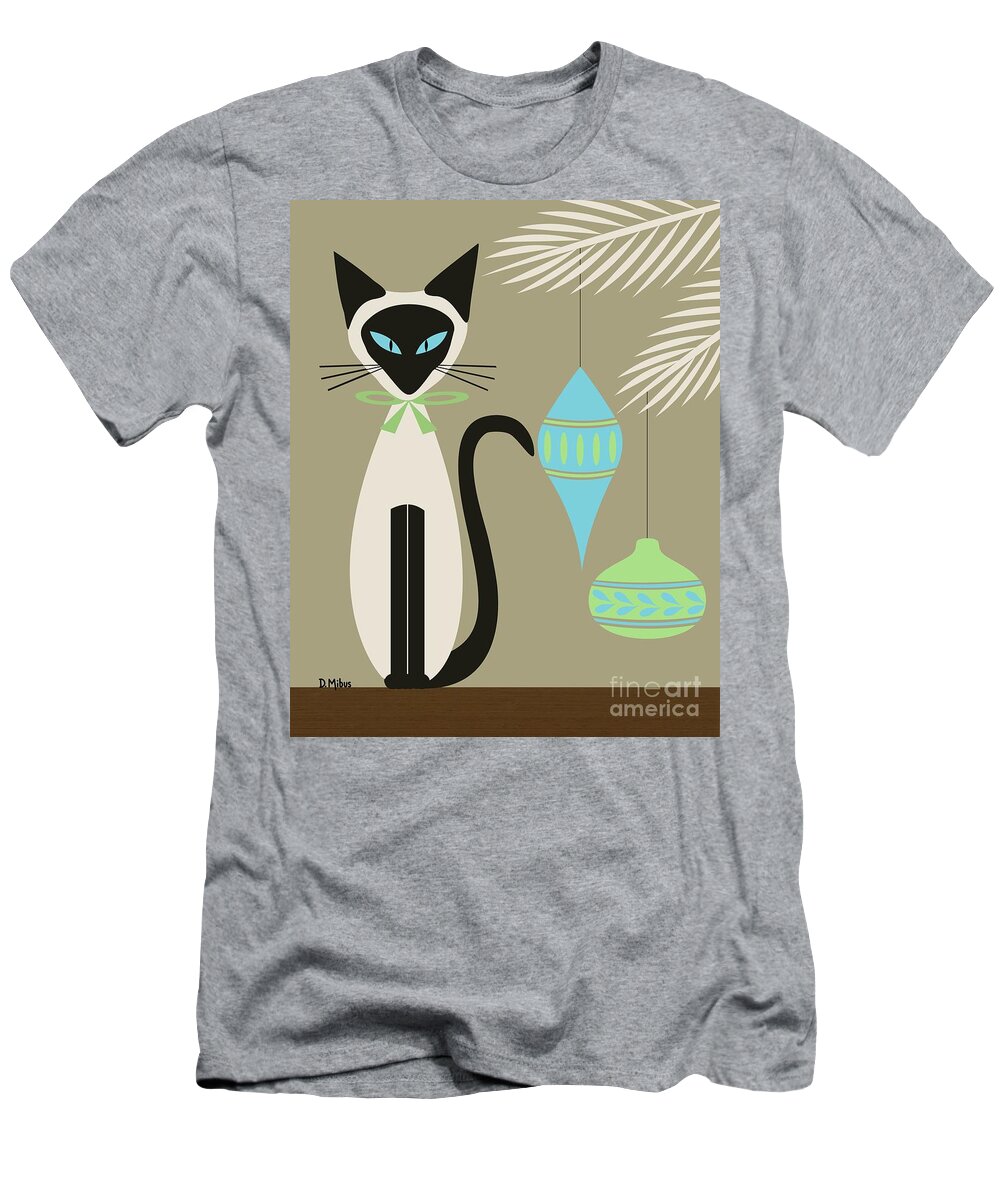 Mid Century Cat T-Shirt featuring the digital art Christmas Siamese with Ornaments by Donna Mibus