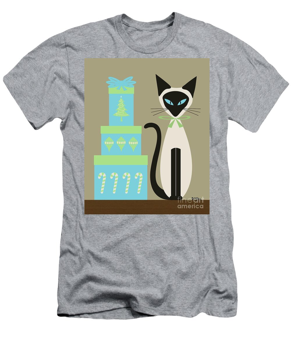 Mid Century Cat T-Shirt featuring the digital art Christmas Siamese with Presents by Donna Mibus
