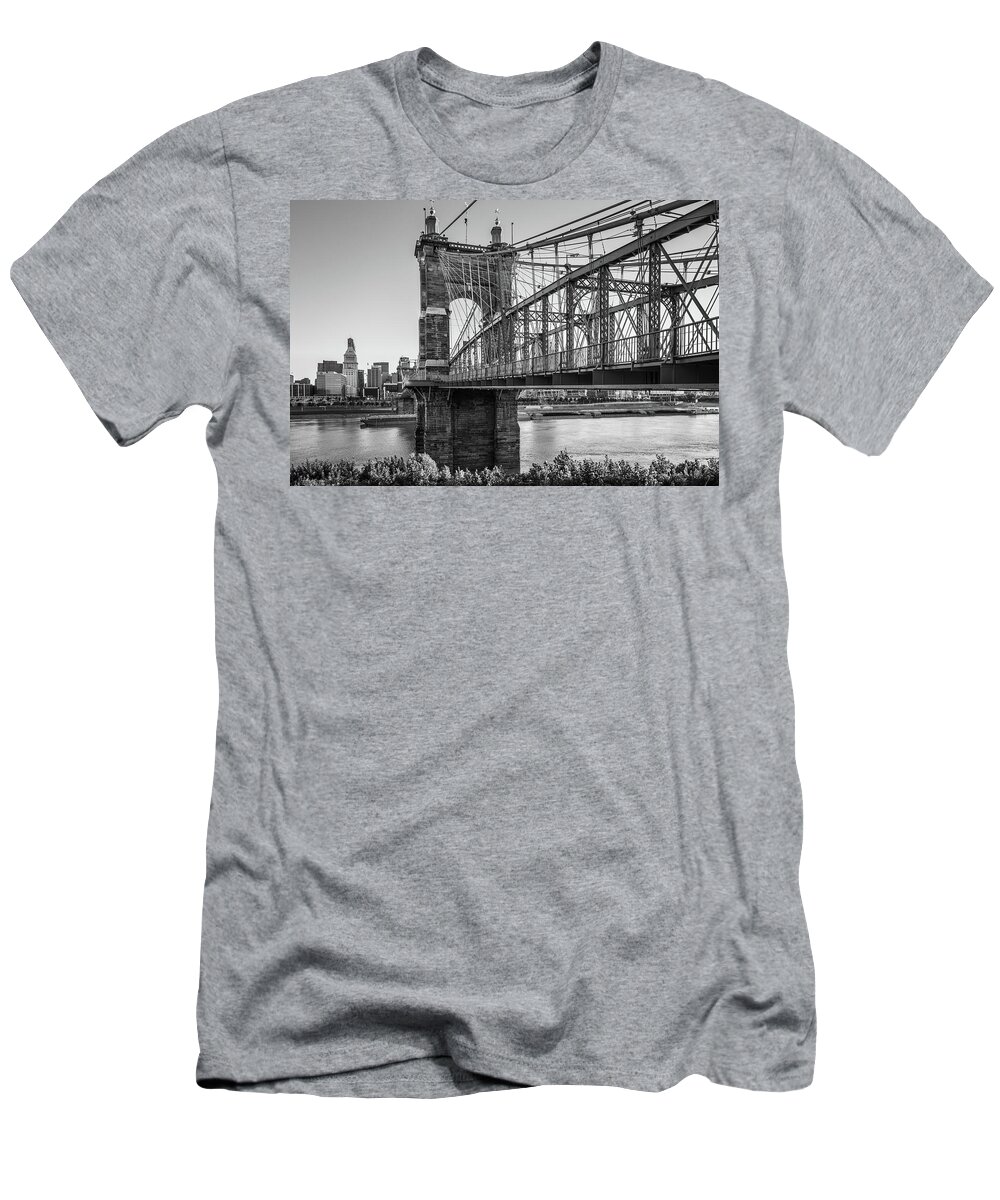 Cincinnati Skyline T-Shirt featuring the photograph Cincinnati Ohio and Roebling Bridge Skyline at Sunrise in Black and White by Gregory Ballos